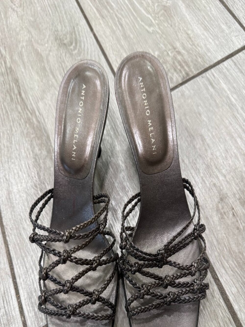 Antonio Melani Metallic Bronze Braided Strap Kitten Heel Mules Size 8